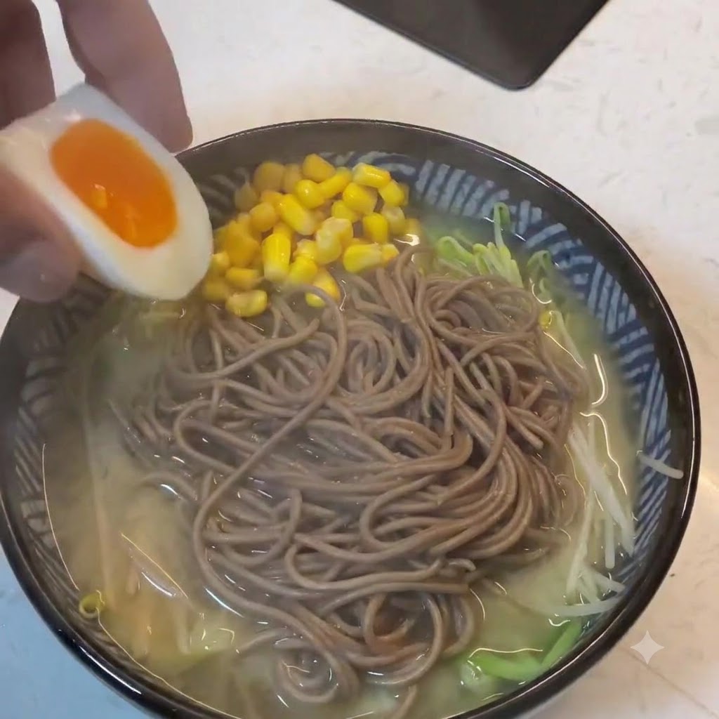 A hand placing a halved soft-boiled egg with a rich orange yolk onto the top of the prepared bowl of buckwheat miso ramen.