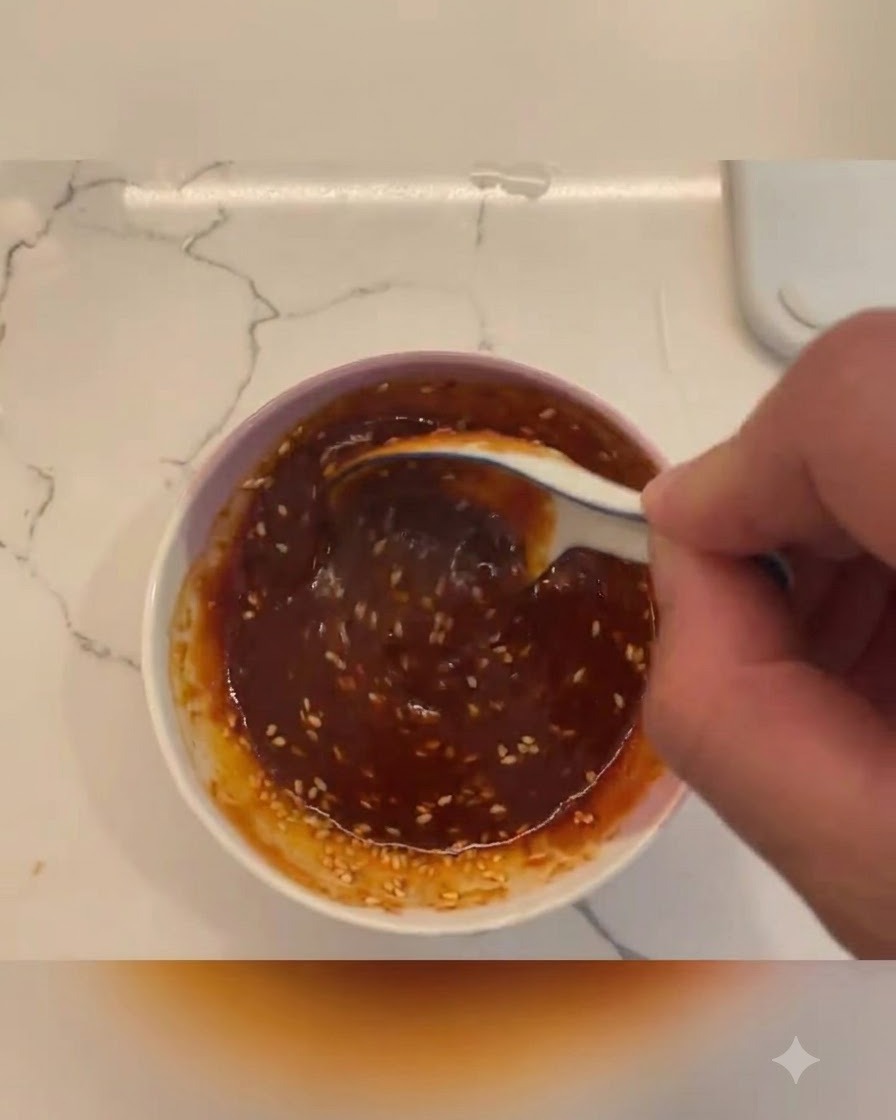 A small bowl filled with a dark red sauce mixture and sesame seeds being stirred with a spoon.