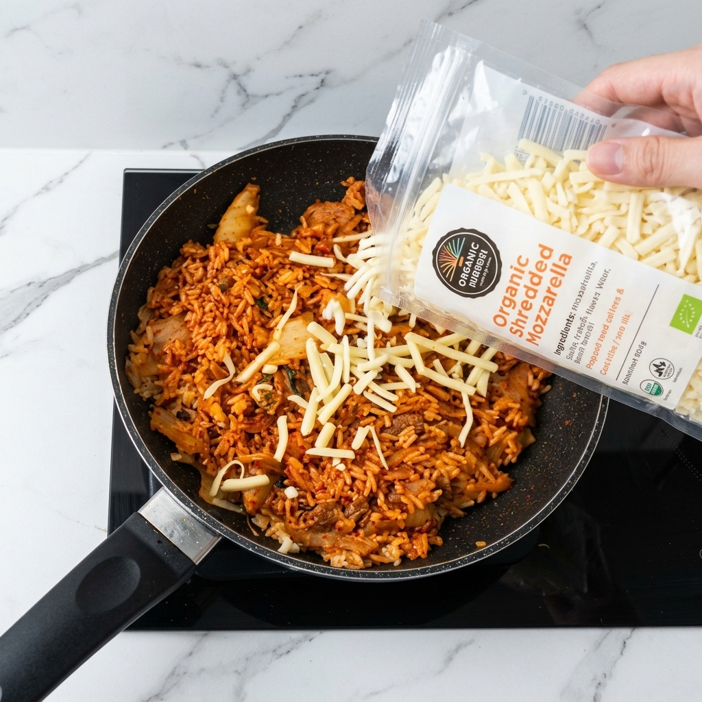 Shredded mozzarella cheese being poured from an open organic pouch directly onto the top of the hot fried rice.