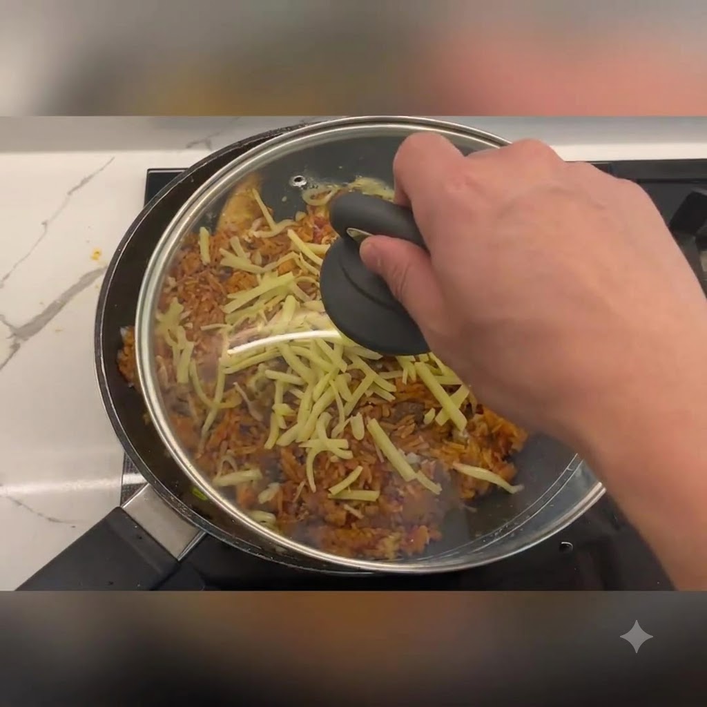 A hand holding a glass lid by its dark handle, placing it securely over a pan filled with fried rice and shredded cheese.