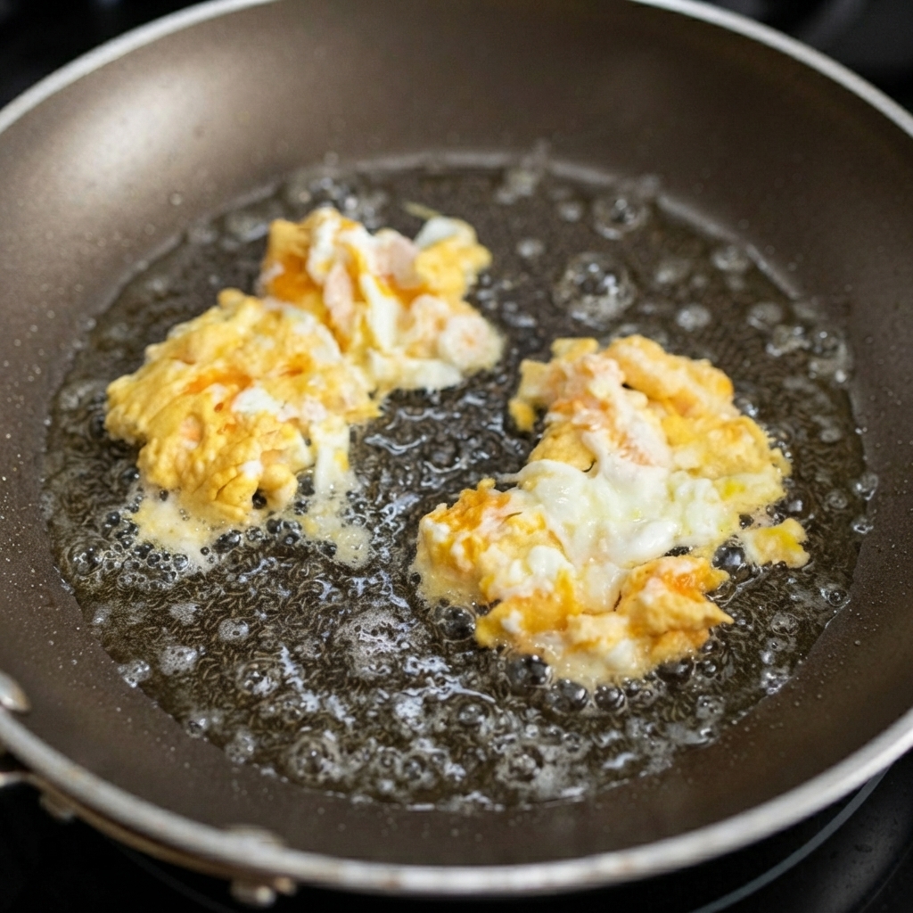 Scrambled eggs cooking in a hot oiled frying pan with bubbles around the edges.