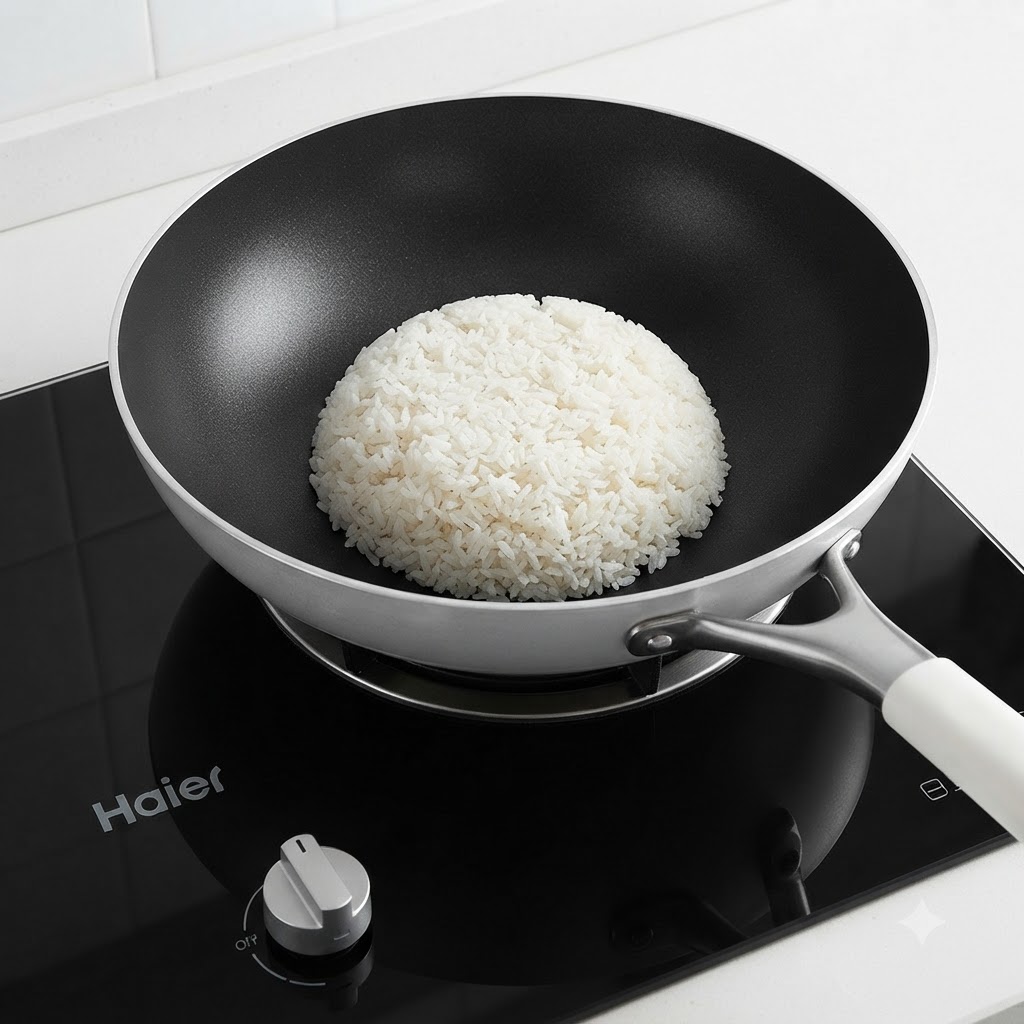 Leftover white rice, beef pieces, and scrambled eggs sitting in a large wok ready to be stir-fried.