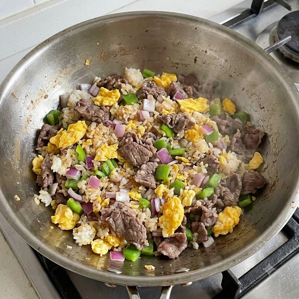 Diced red onions, green peppers, cooked beef, scrambled eggs, and rice being stir-fried together in a large wok.