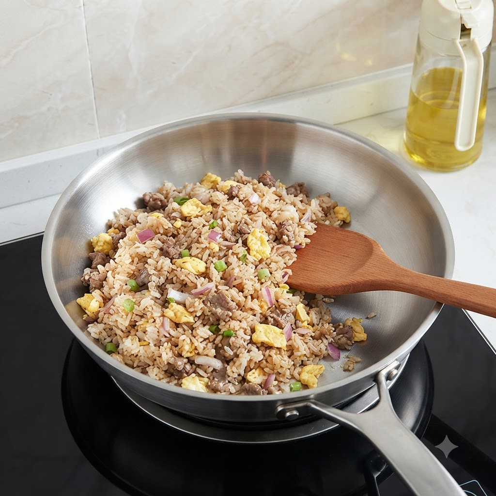 Fried rice being seasoned with oyster sauce and black pepper using a wooden spatula in a steel pan.