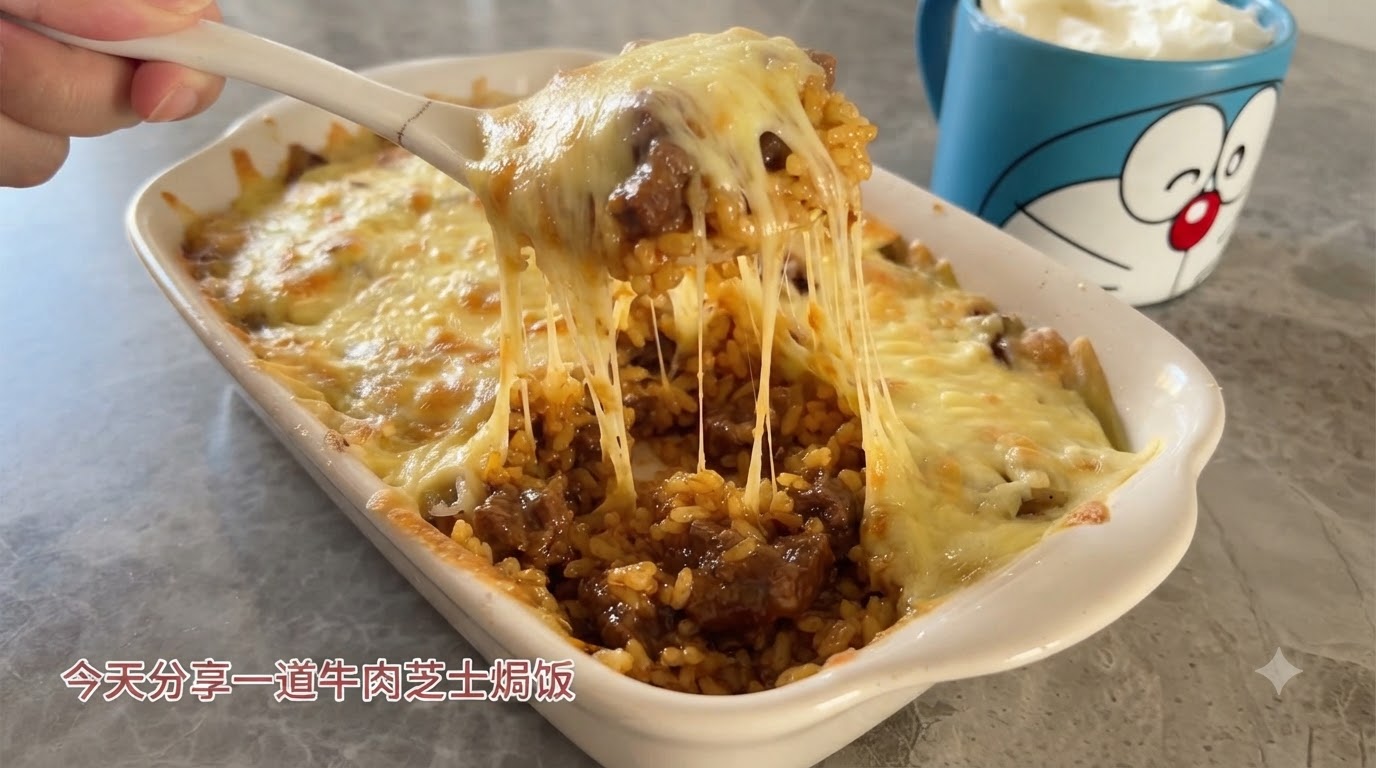 A white baking dish filled with beef and cheese baked rice, with a spoonful showing stretchy melted mozzarella.