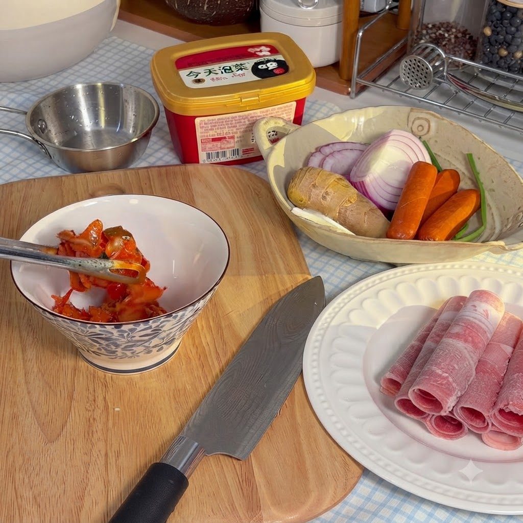 Kimchi pieces being snipped with kitchen scissors inside a patterned ceramic bowl.