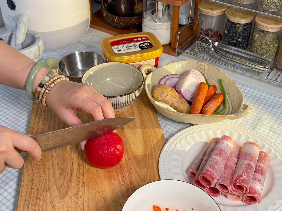 A red tomato being sliced with a knife on a wooden cutting board next to a plate of sliced beef.