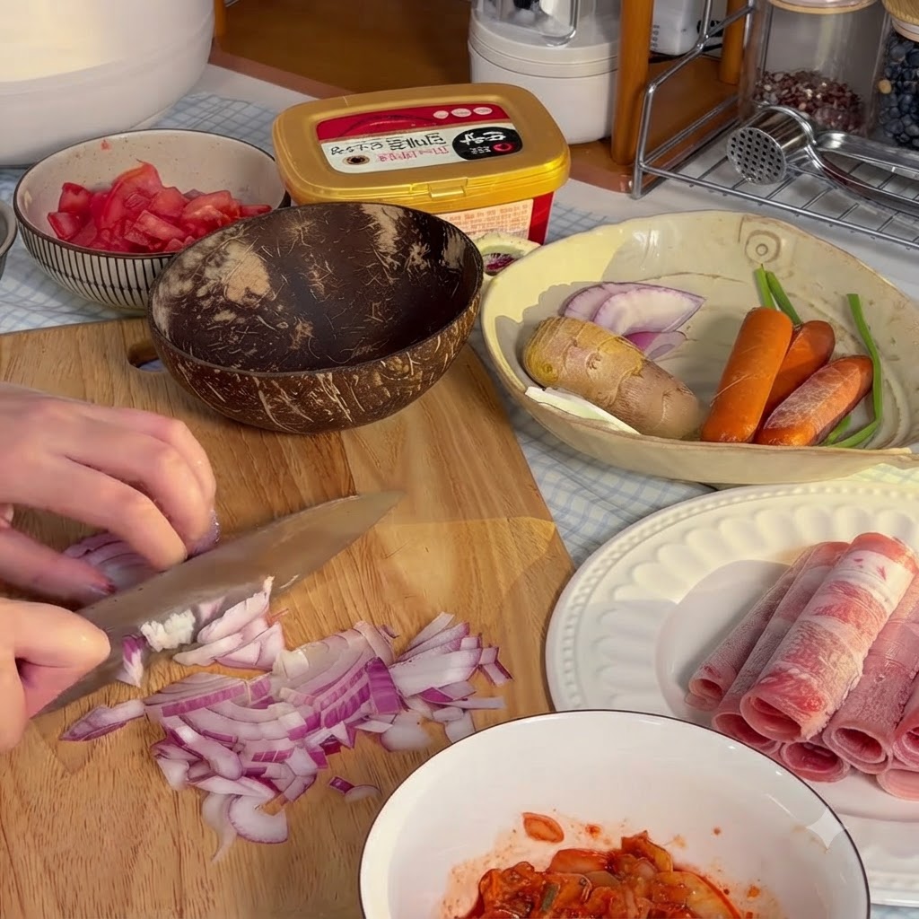Red onion being finely chopped into small pieces on a wooden cutting board.