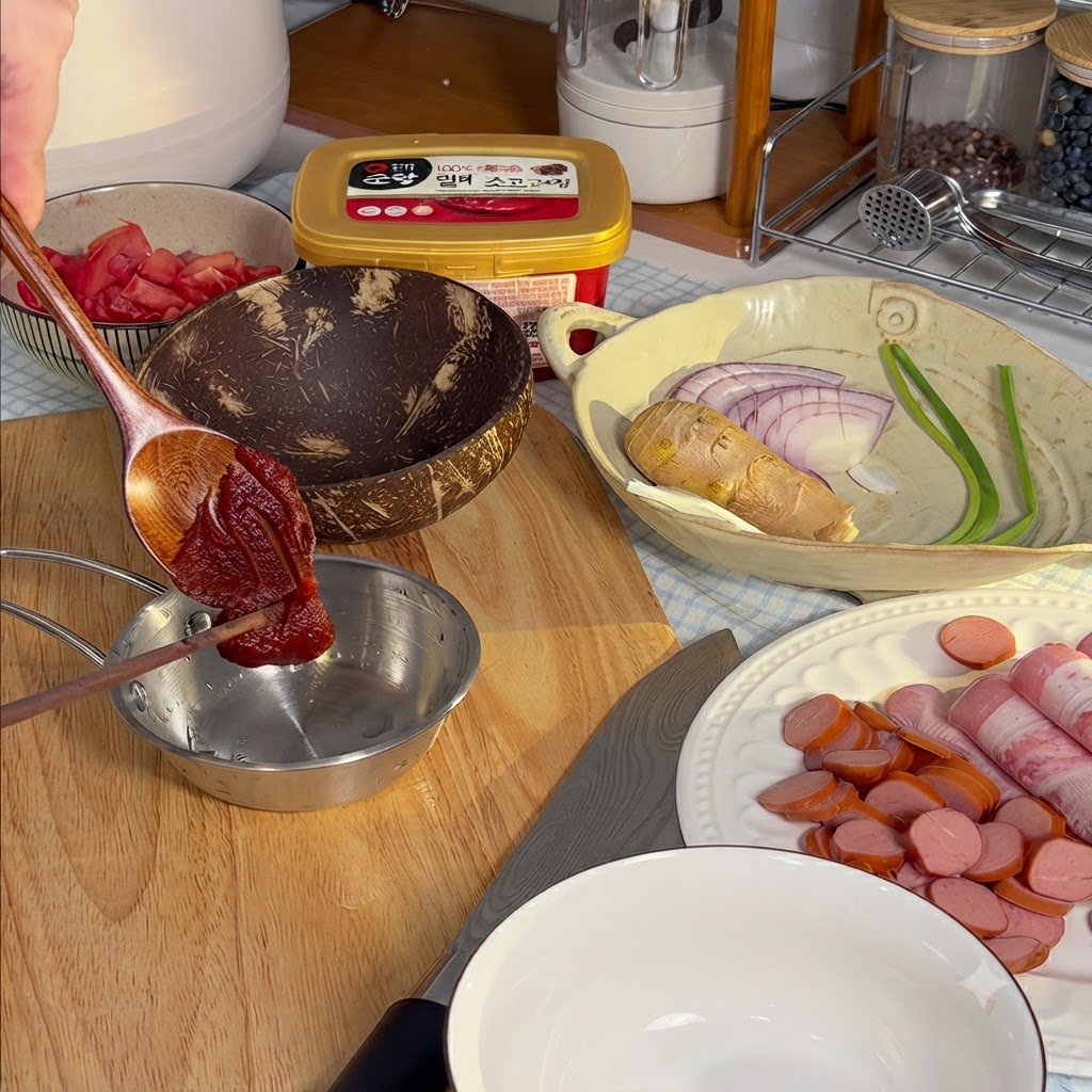 Korean chili paste and other seasonings being stirred together in a small metal bowl.