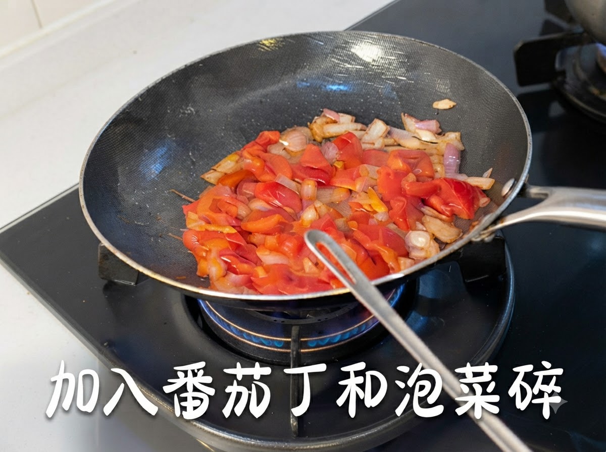 Diced tomatoes and chopped kimchi being stir-fried with onions in a frying pan.