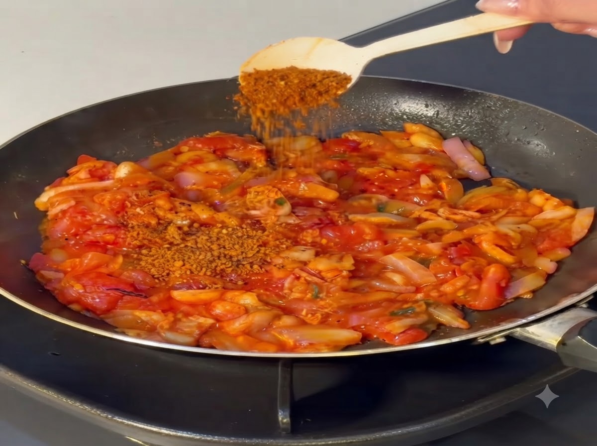 A spoonful of chili powder being sprinkled into the tomato and onion mixture.