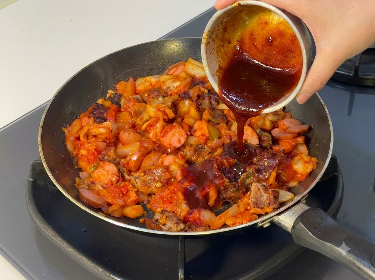Prepared dark sauce being poured from a small bowl into the frying pan.