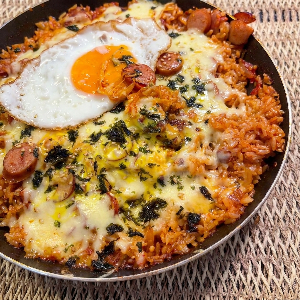 A layer of processed cheese and shredded mozzarella cheese being generously sprinkled over the top of a kimchi rice stew in a pan.