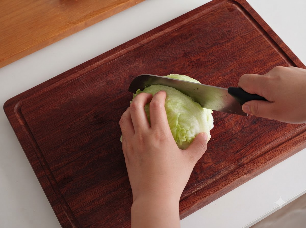 An onion, mushrooms, and green onion being sliced on a wooden cutting board with a knife.