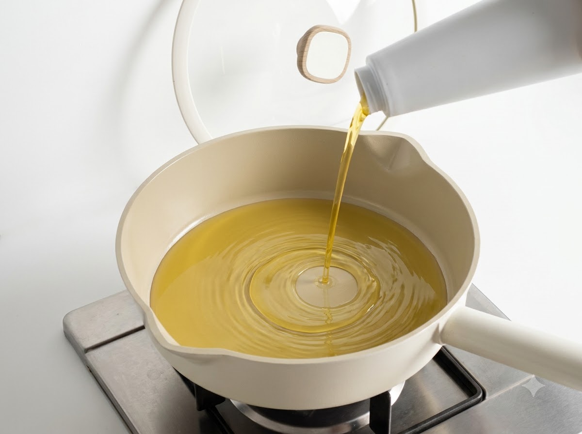Sliced onions and green onions being stir-fried in oil in a light-colored pan.