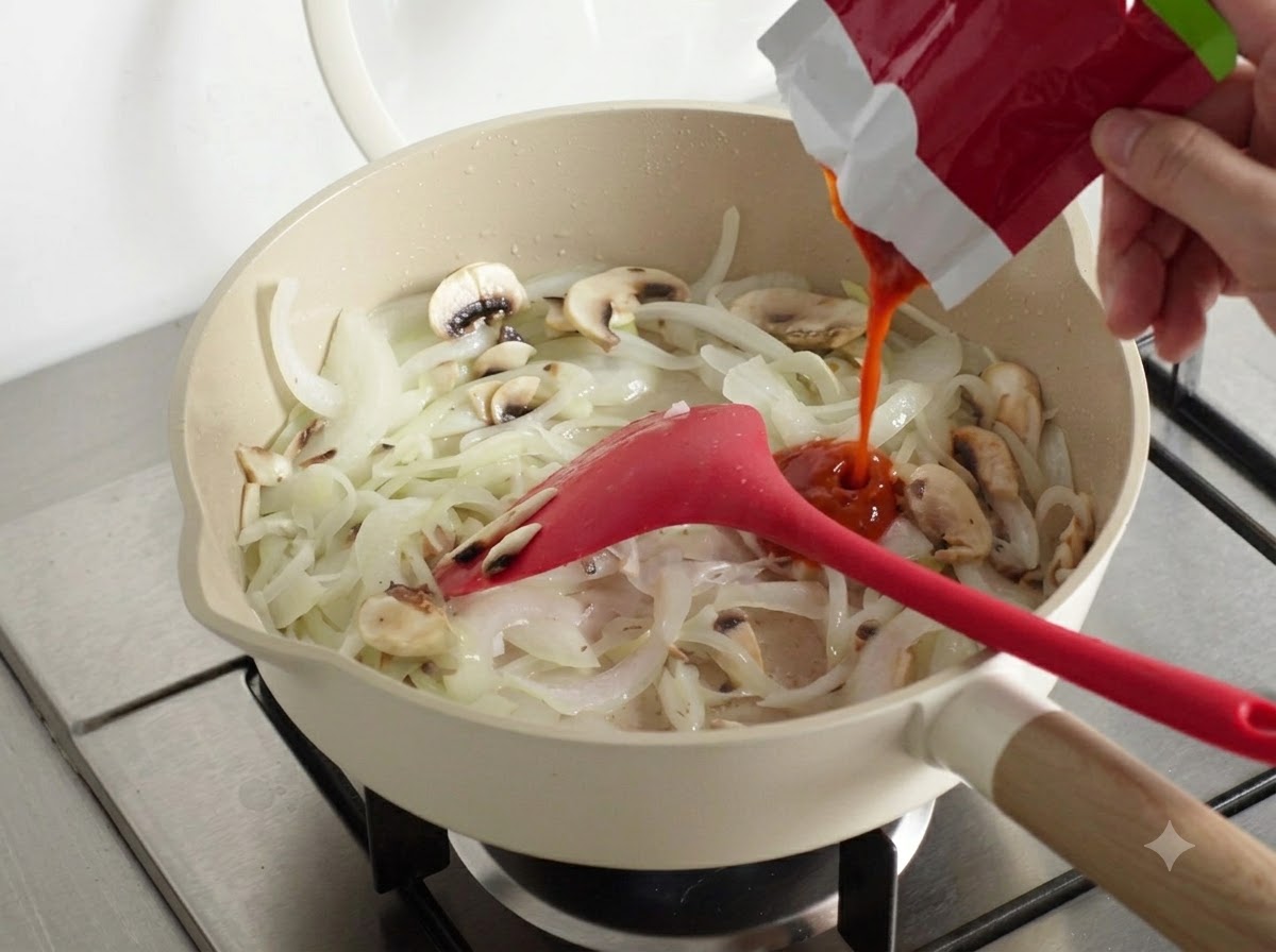Packaged kimchi being poured into the pan with the vegetables.