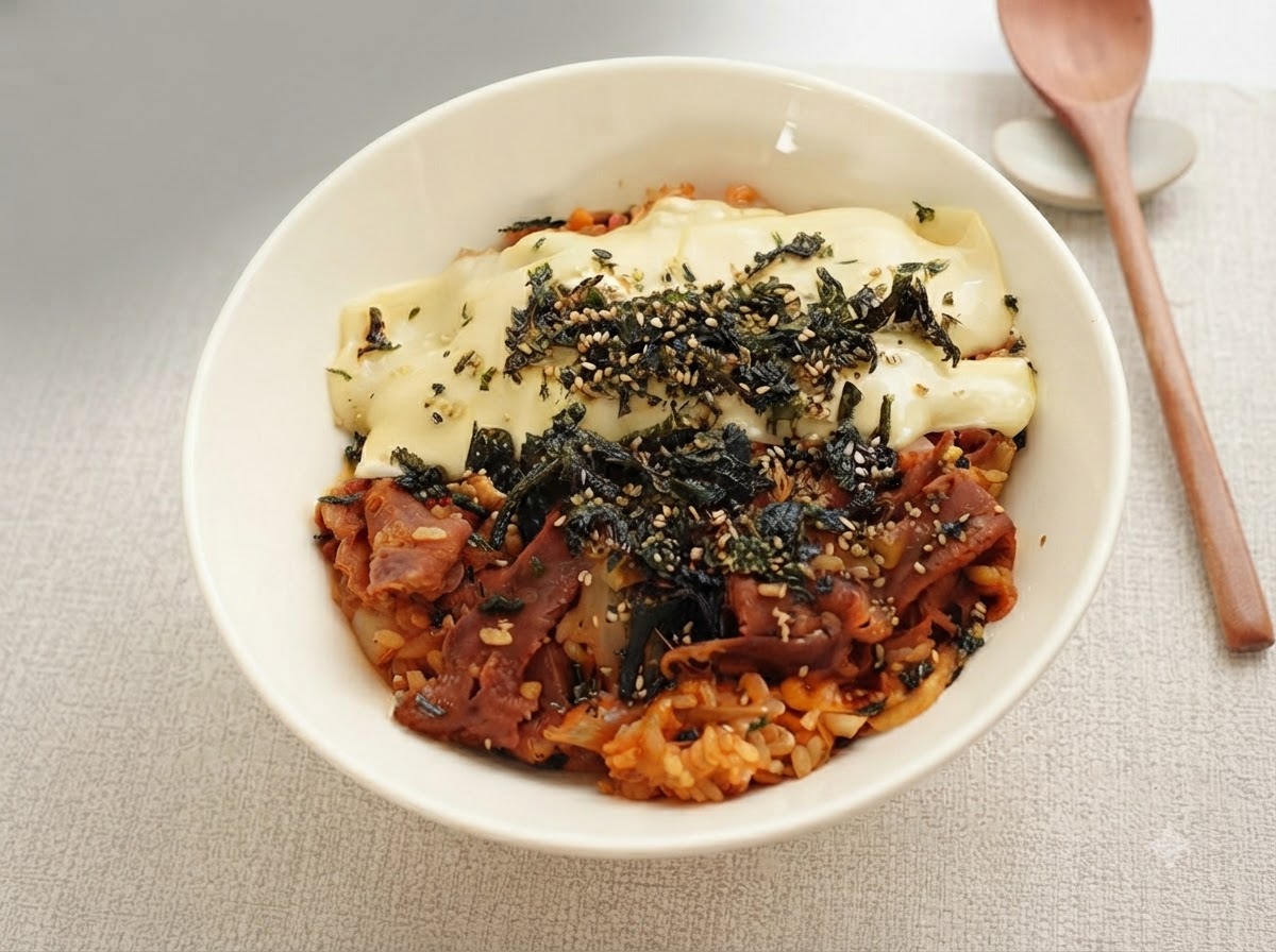 Light soy sauce, dark soy sauce, sugar, and black pepper being added to the rice mixture.