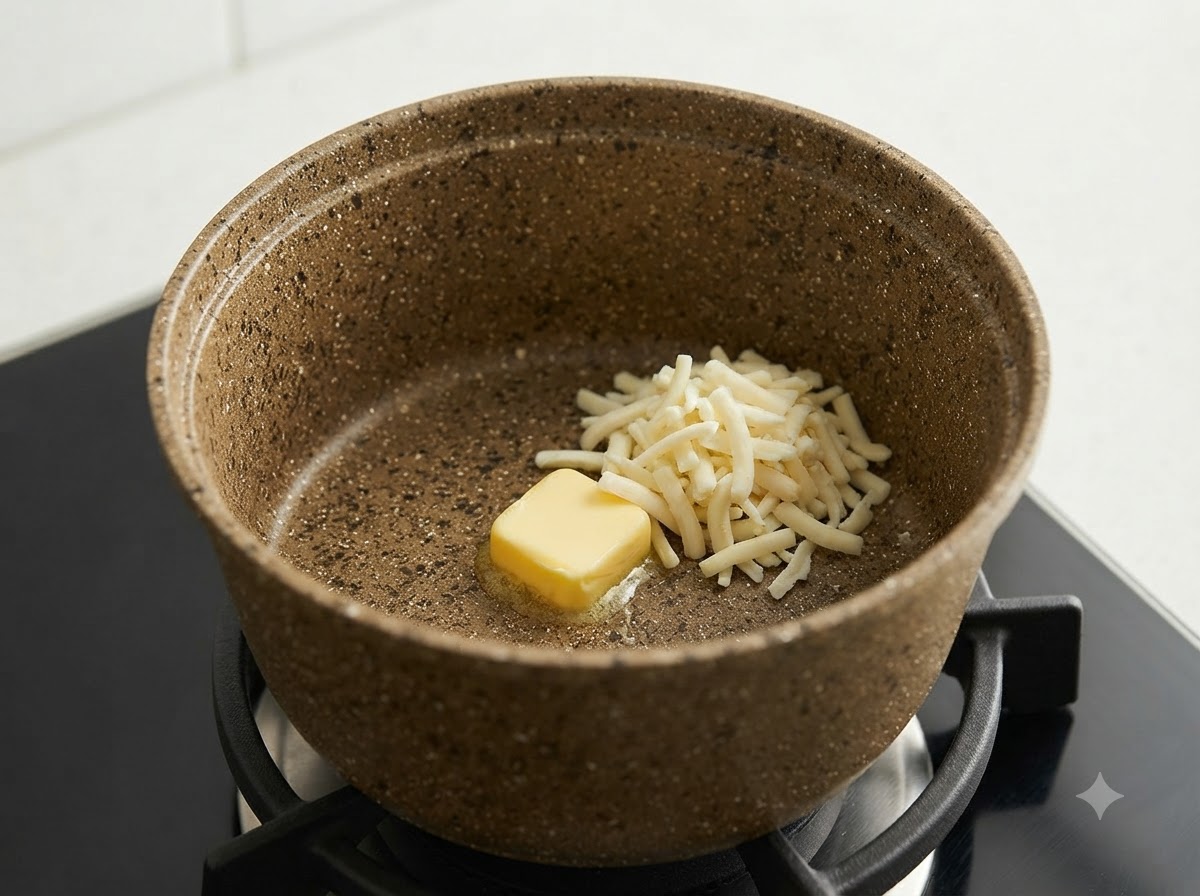 Butter melting in a separate pot with shredded mozzarella cheese added to melt.