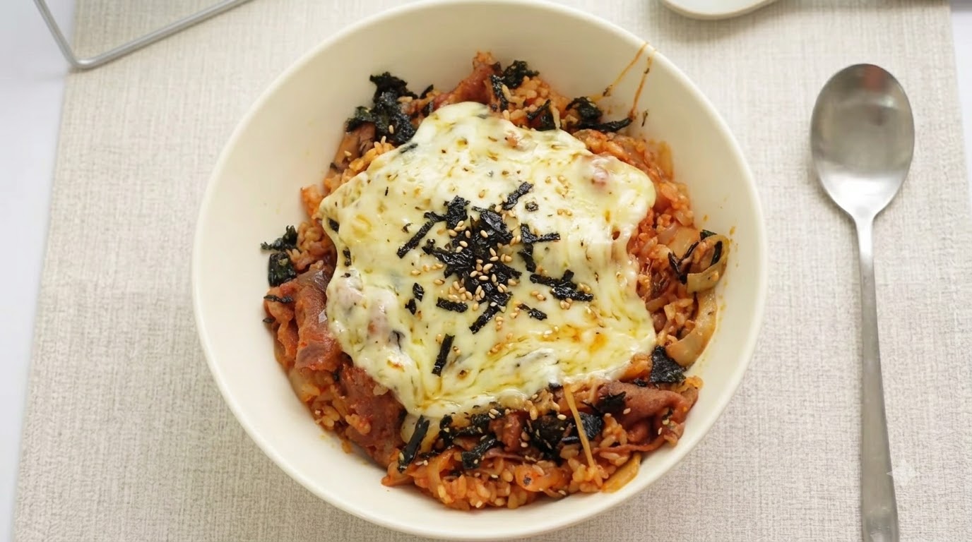 Kimchi Beef Fried Rice with Melted Cheese