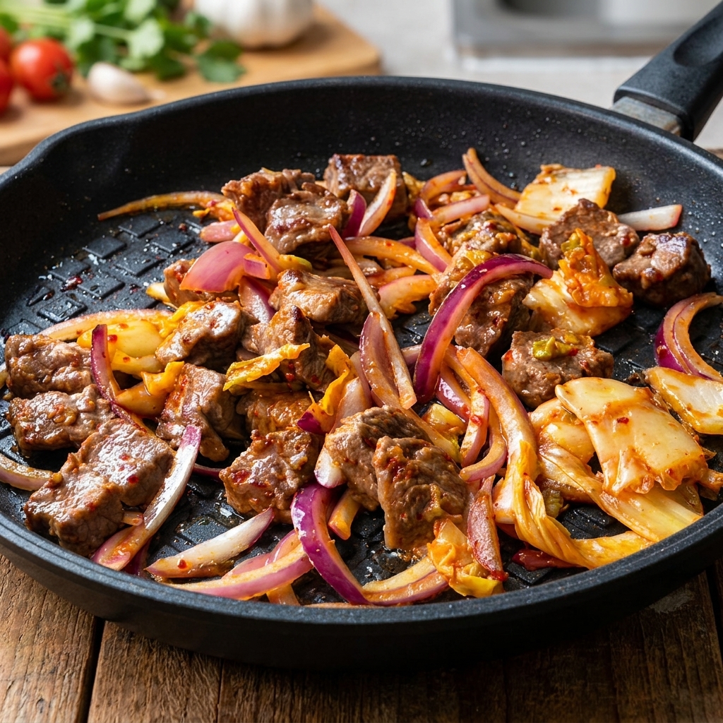 Cooked rice being poured into the pan with the cooked beef and vegetables.
