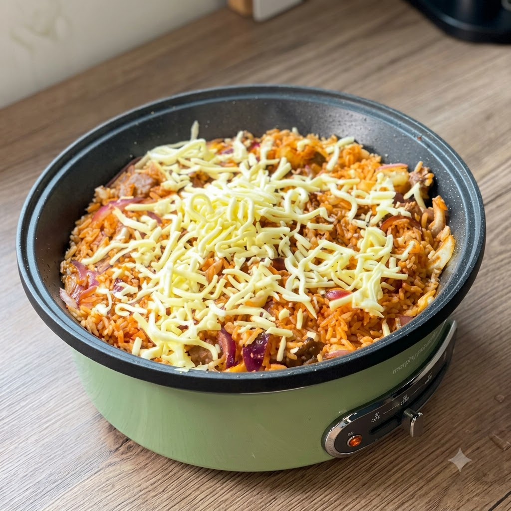 Shredded cheese scattered evenly across the top of the fried rice in the pan.