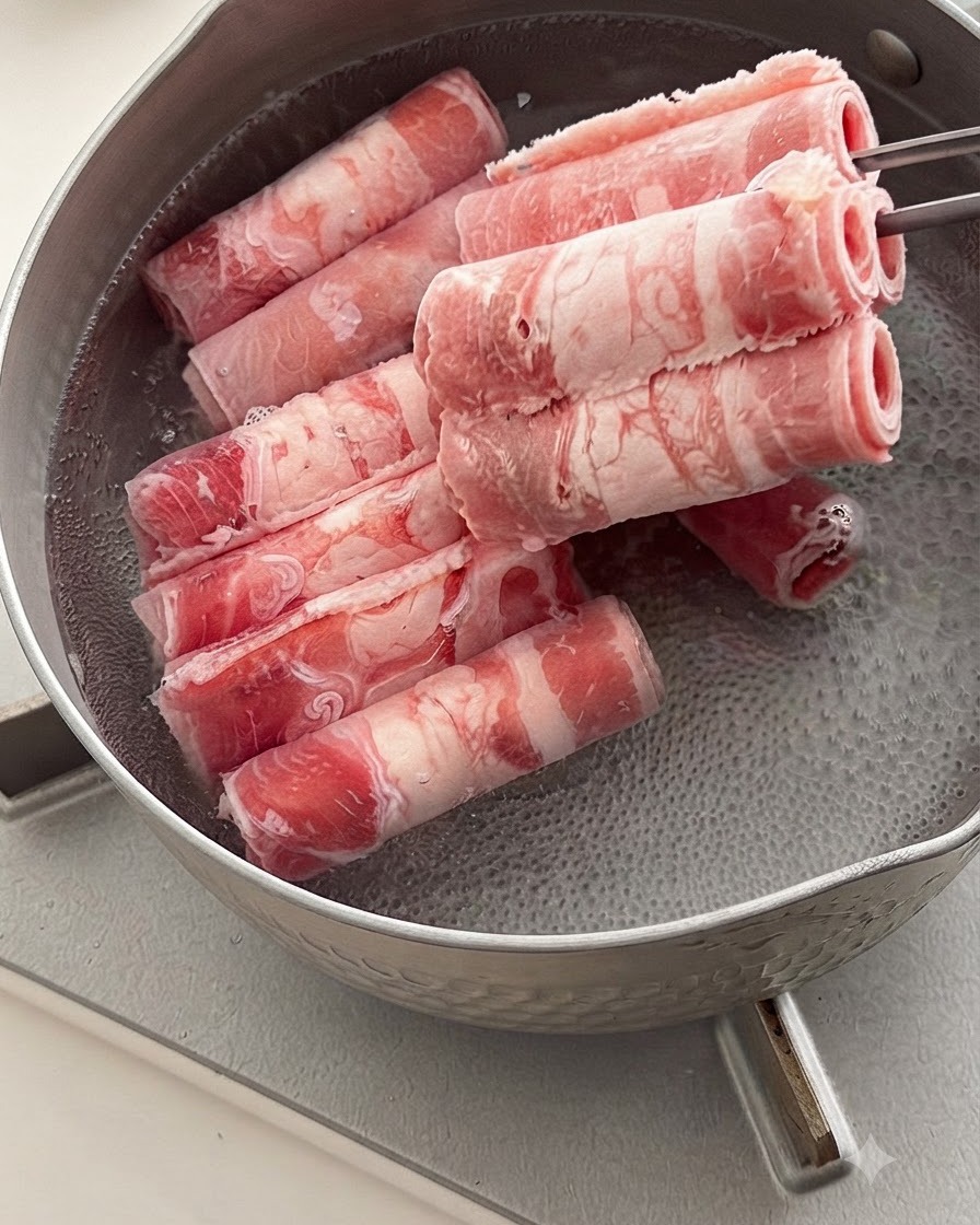 Frozen or raw rolled beef slices being added into a pot of boiling water using metal chopsticks.