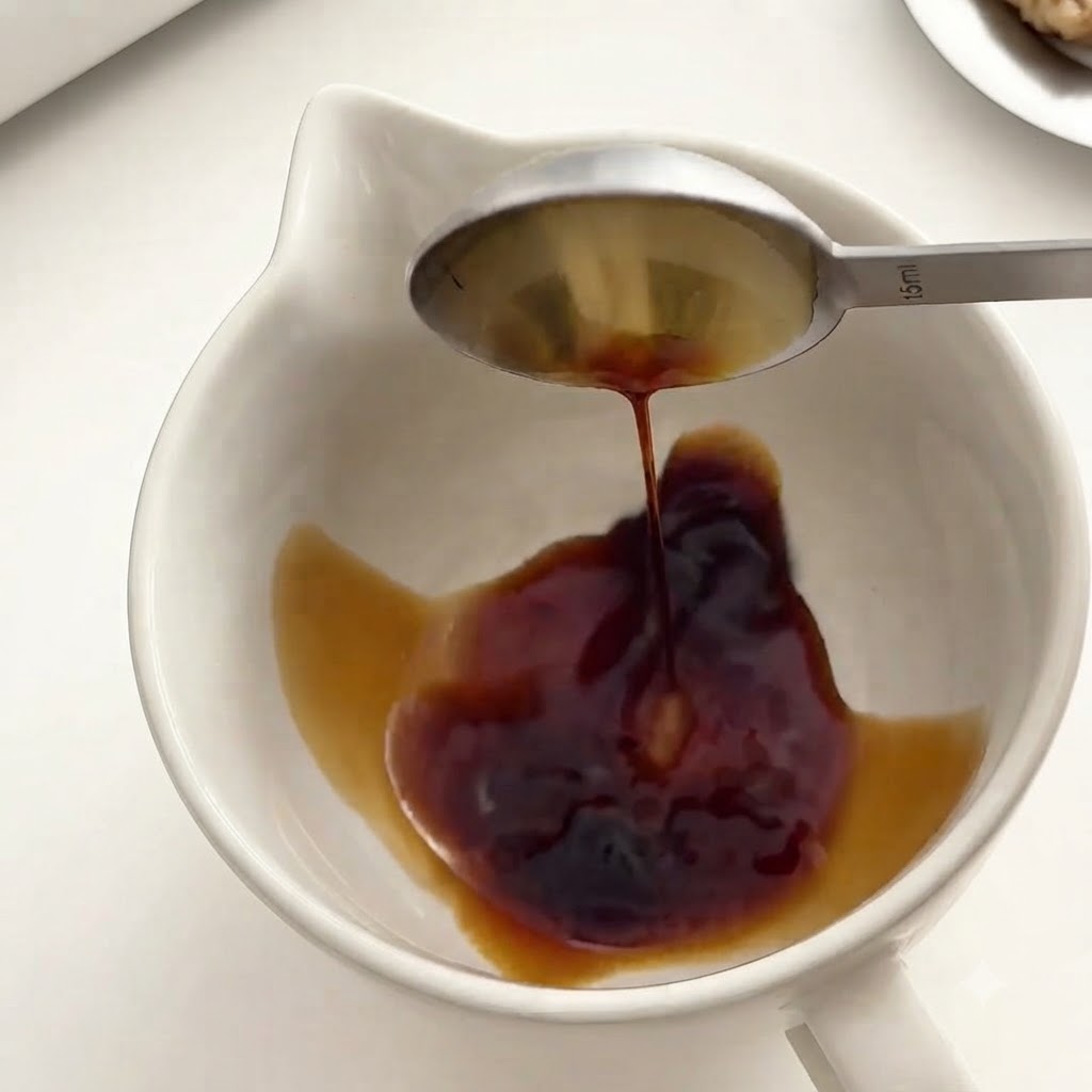 Dark soy sauce being poured from a silver measuring spoon into a white mixing bowl.