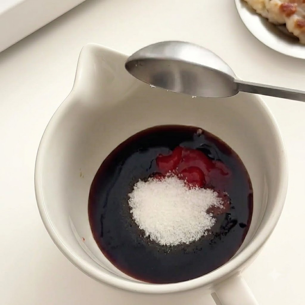 A spoonful of thick red Korean chili paste and white sugar being added to the sauce bowl.