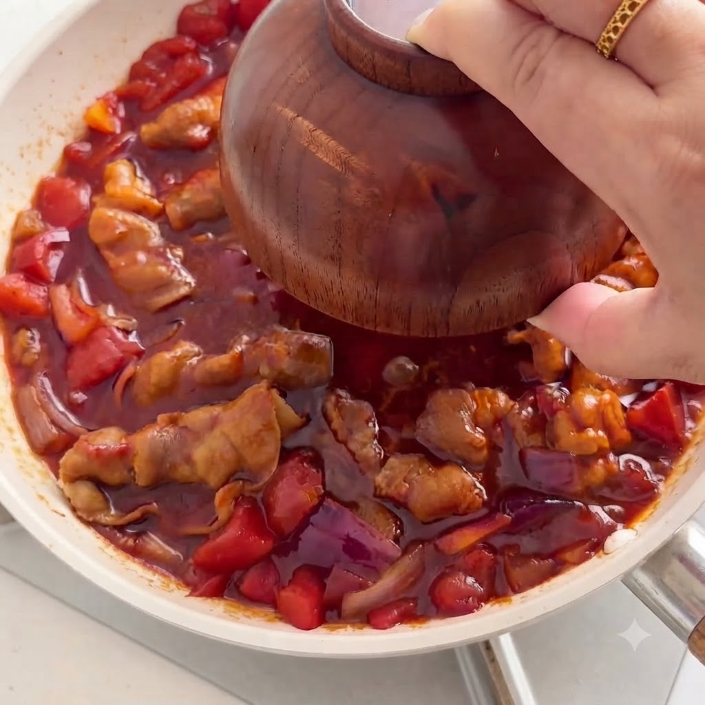 A wooden bowl being lifted to reveal a round mound of cooked white rice in the center of a simmering red pan mixture.