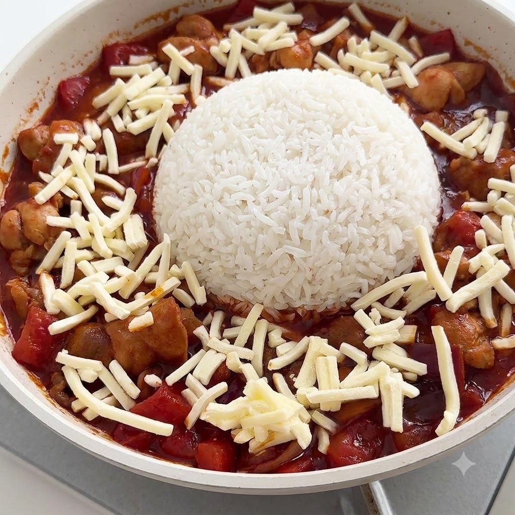 Shredded mozzarella cheese sprinkled evenly around a central dome of white rice in a red sauce pan.