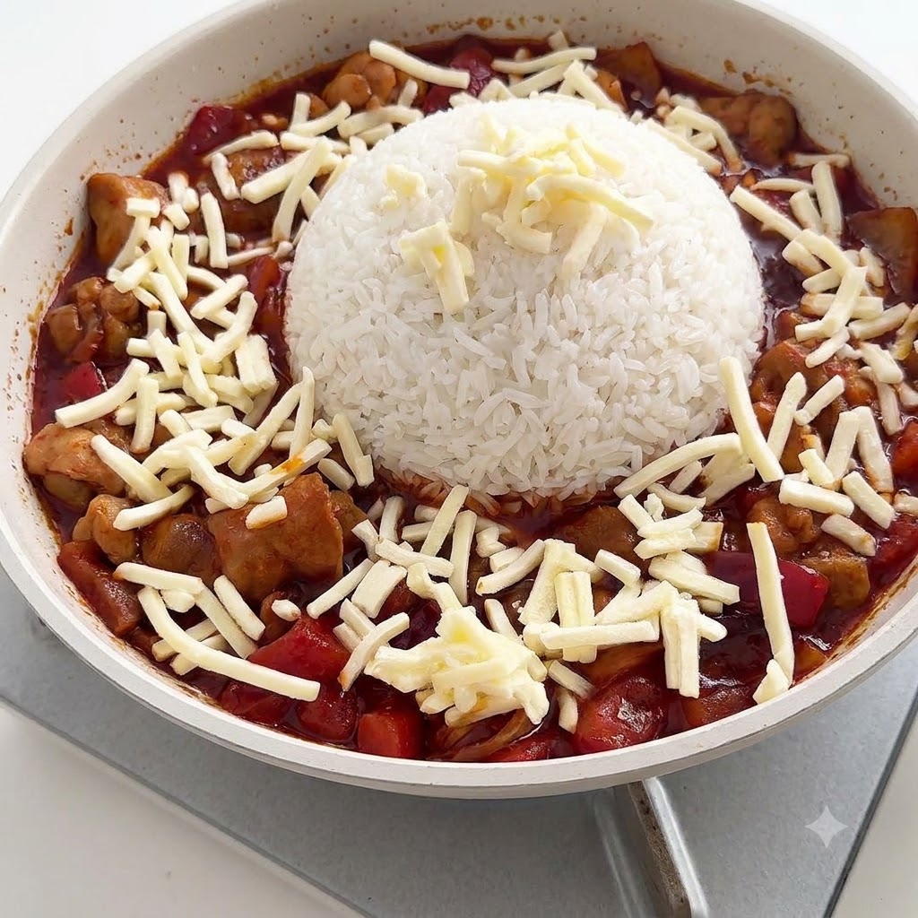 A square slice of yellow cheddar cheese placed precisely on top of the white rice dome in the center of the pan.