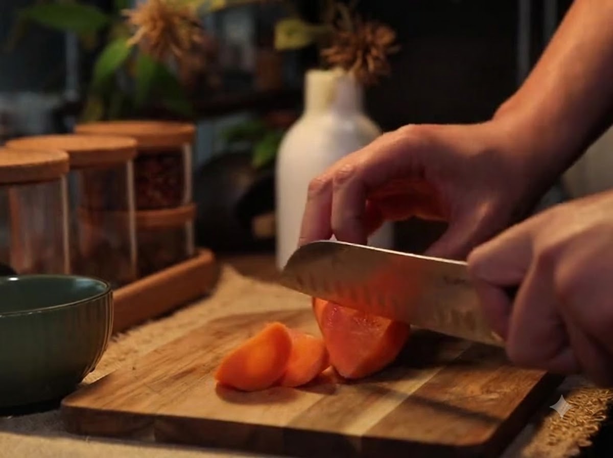 A kitchen knife slicing a fresh carrot into thick diagonal chunks on a wooden cutting board.