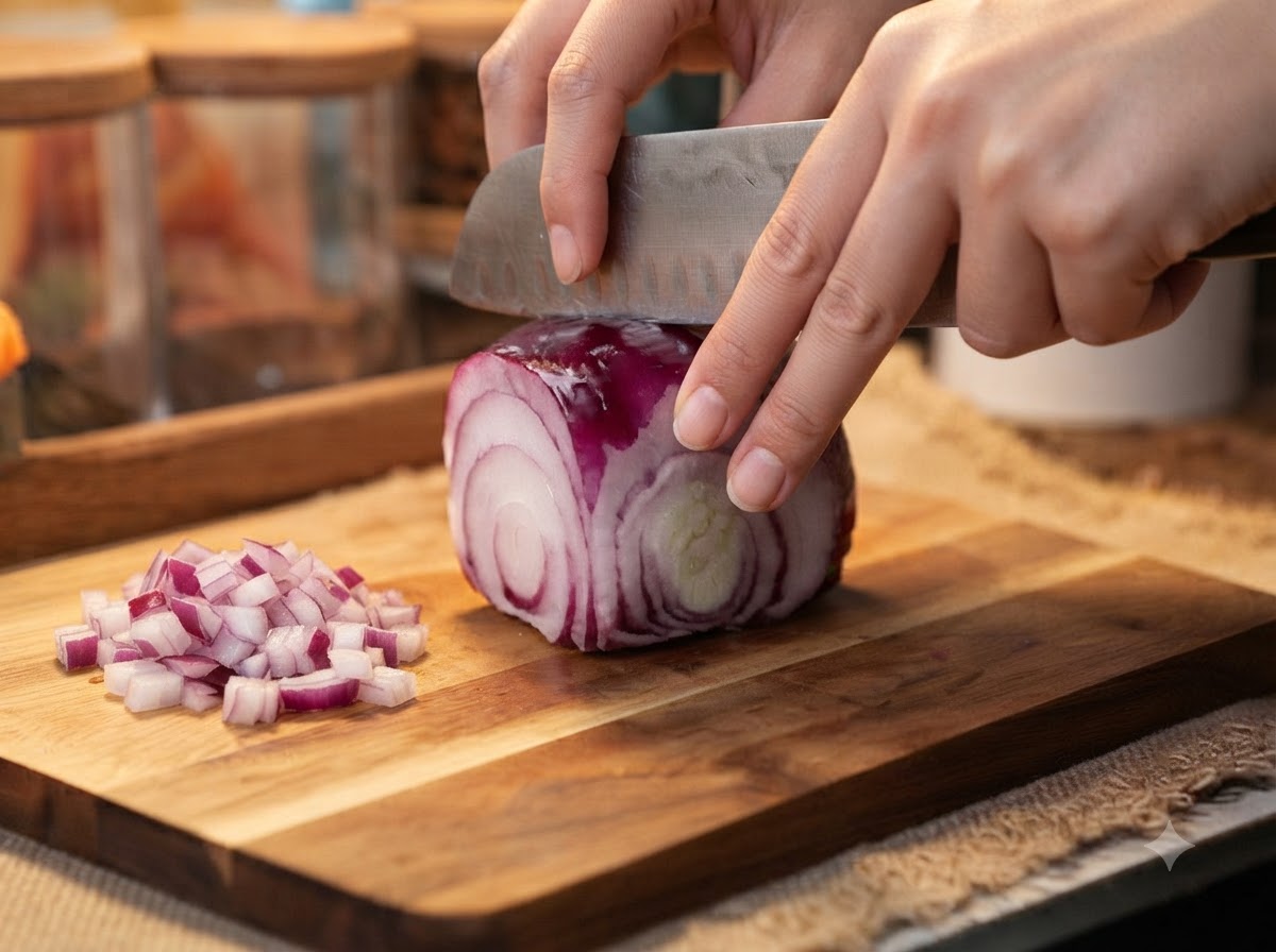Hands using a chefs knife to chop a red onion on a wooden cutting board.