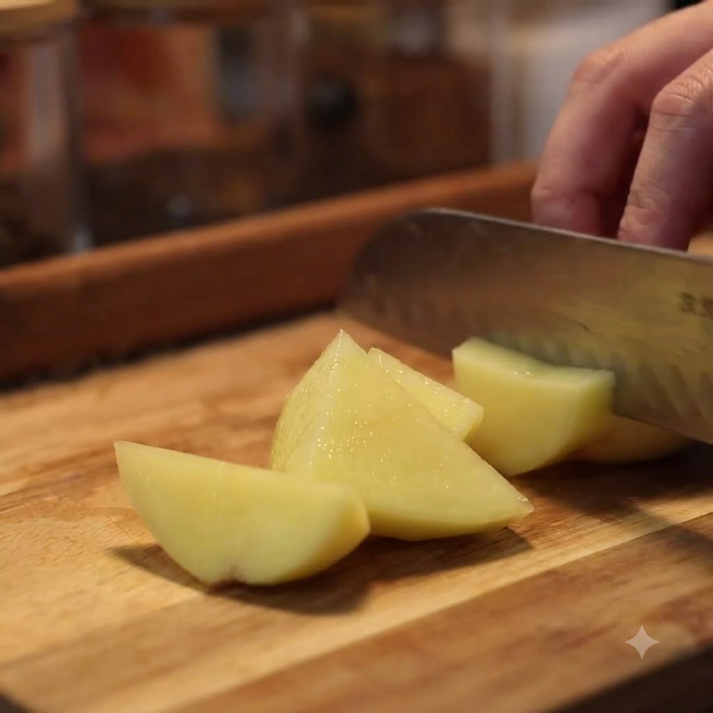 A knife cutting peeled potatoes into large wedges on a wooden board.