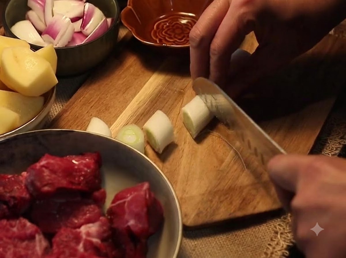 A knife cutting a scallion into thick sections on a wooden cutting board next to bowls of prepared vegetables and raw beef.