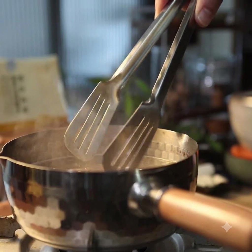 Metal tongs lifting blanched beef pieces out of a steaming pot.