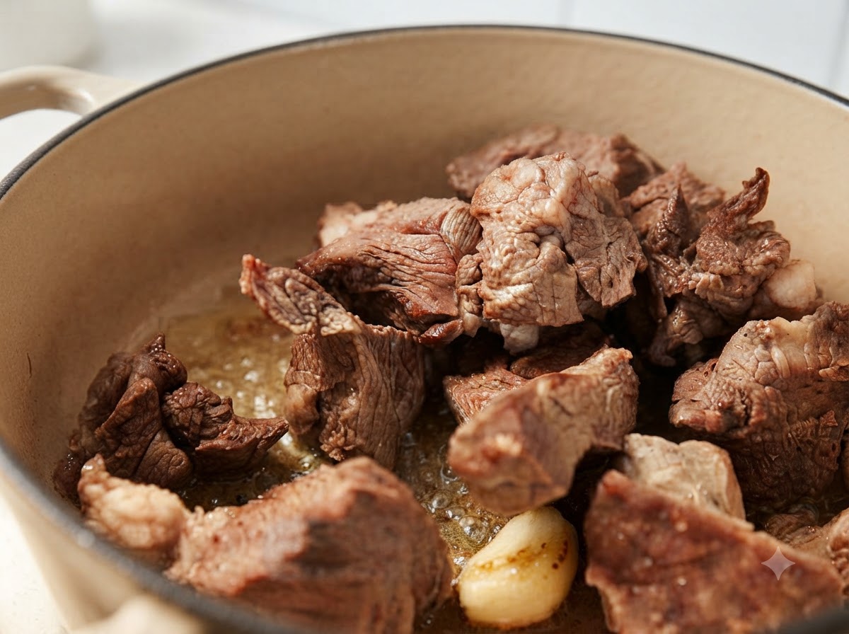 Beef chunks being stir-fried with garlic in a pot until browned.