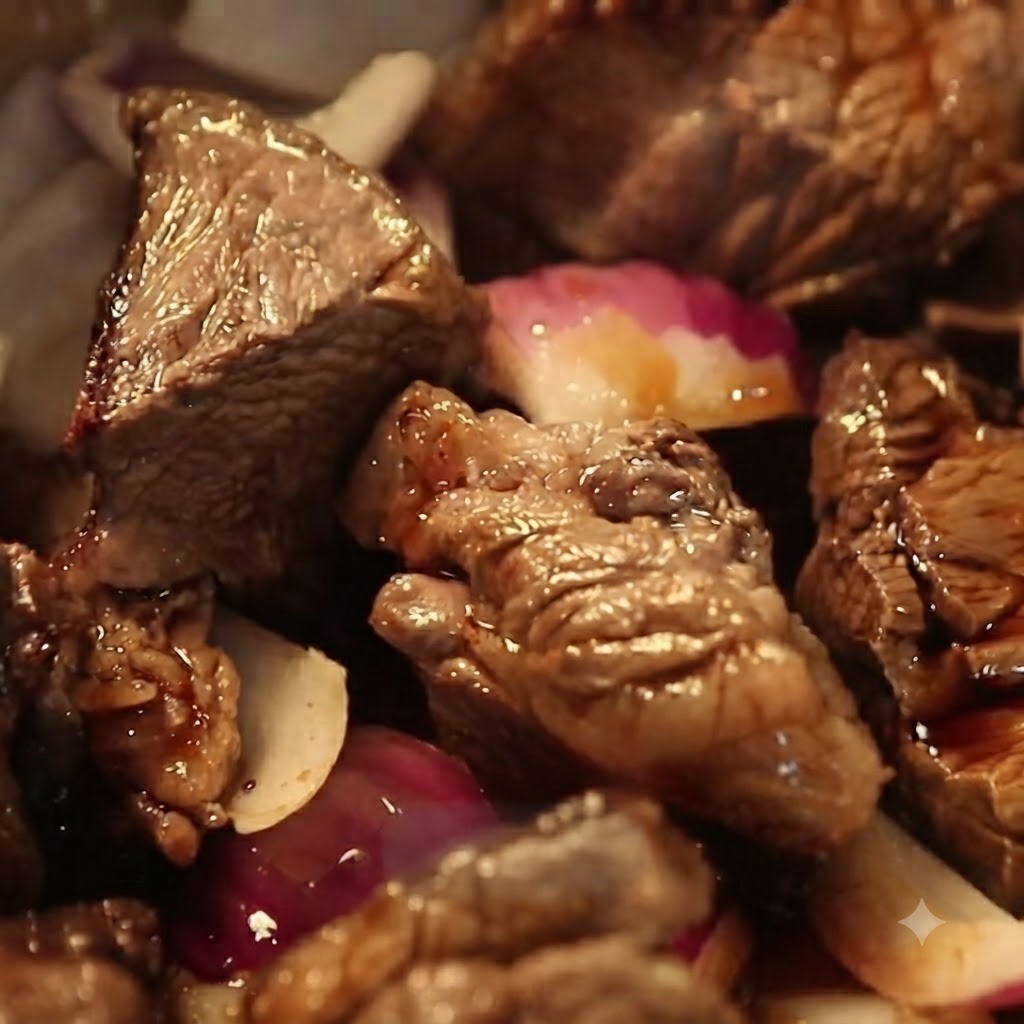 A small piece of rock sugar added among the simmering beef and onions.