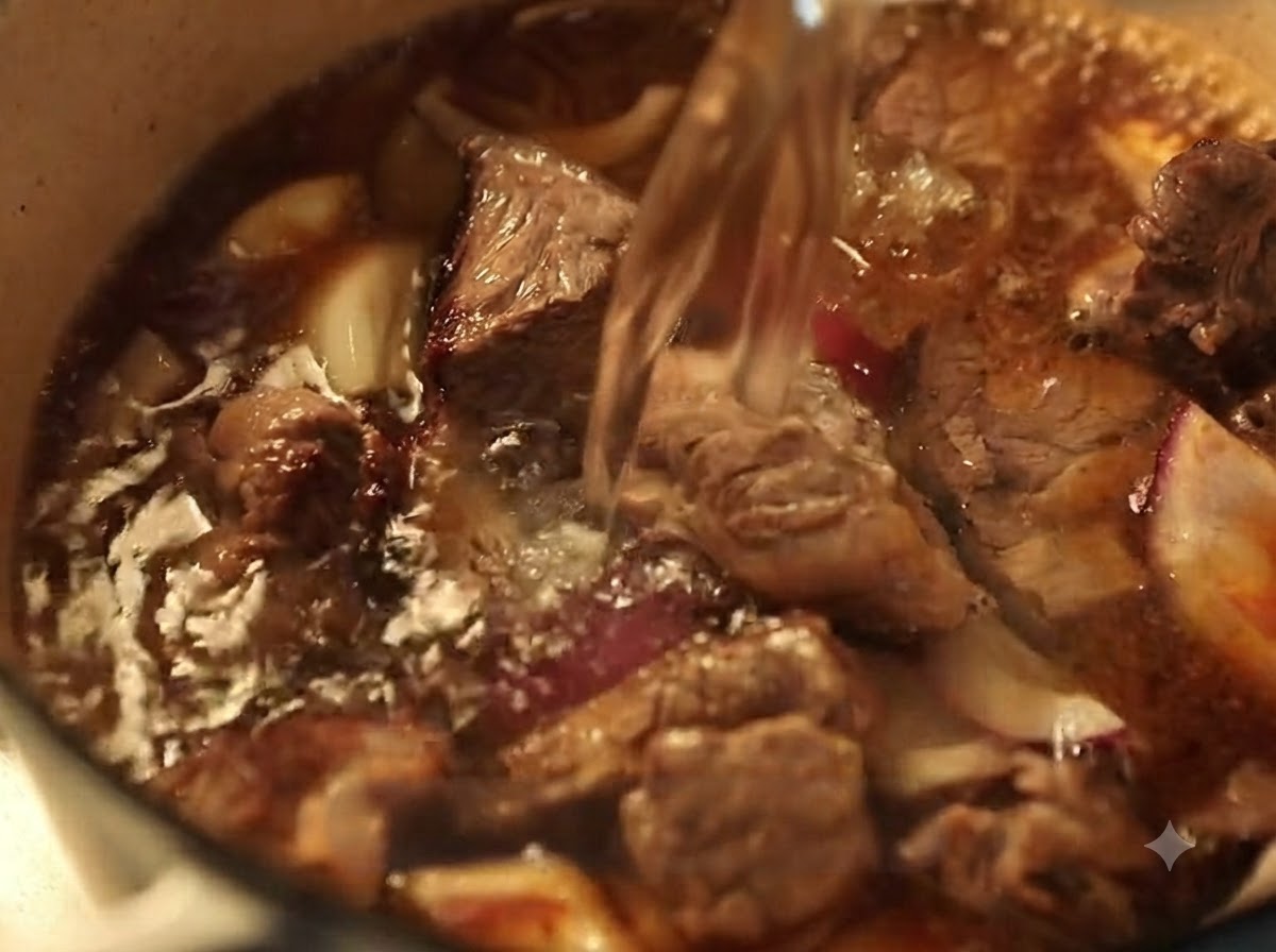 Hot water being poured from a kettle into an enamel cast iron pot containing seared beef brisket and aromatics.