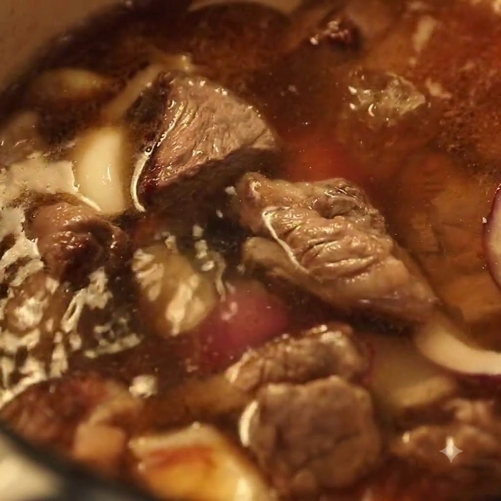Close-up of a simmering pot of beef stew with spices visible in the broth.