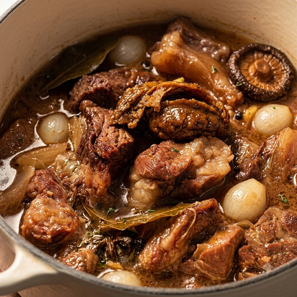 Thick curry paste being added to a pot of cooked beef brisket and onions in broth.