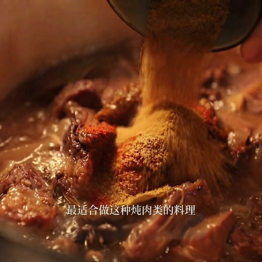 Curry powder and chili powder being poured from a small bowl into the stew.