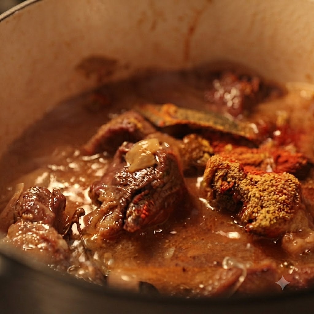 Tomato ketchup mixed into the bubbling curry and beef broth.