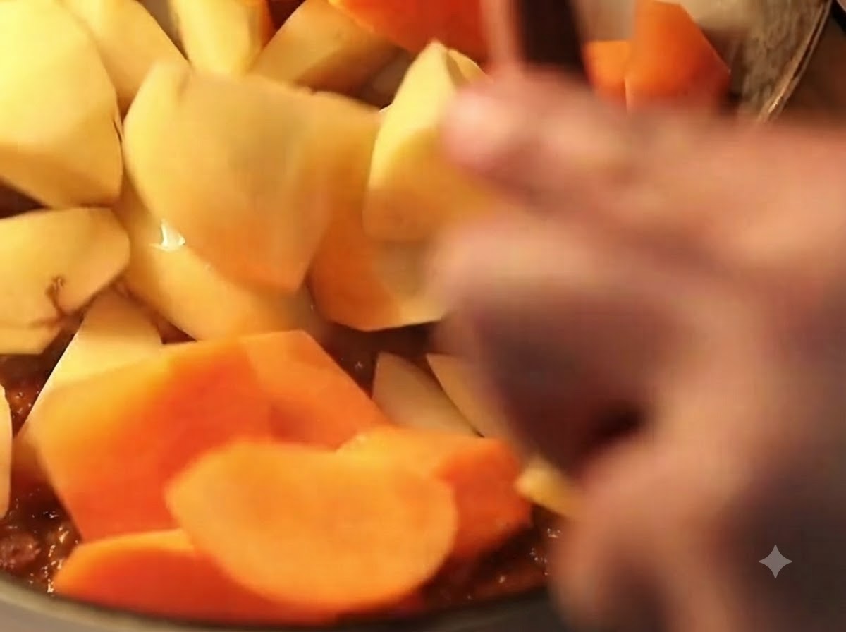 Chunks of peeled potatoes and carrots being added into the curry beef pot.
