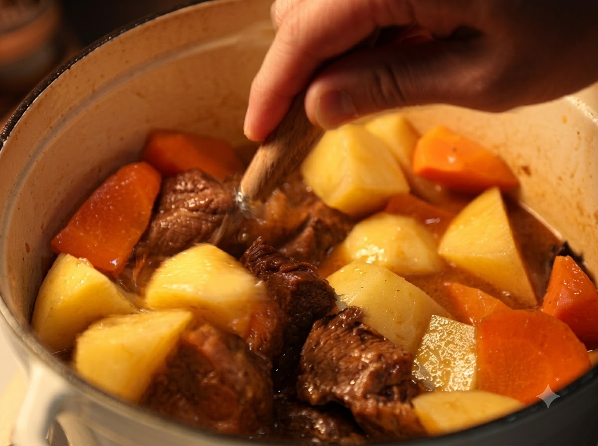 A person stirring large chunks of carrots and potatoes in a pot of beef curry.