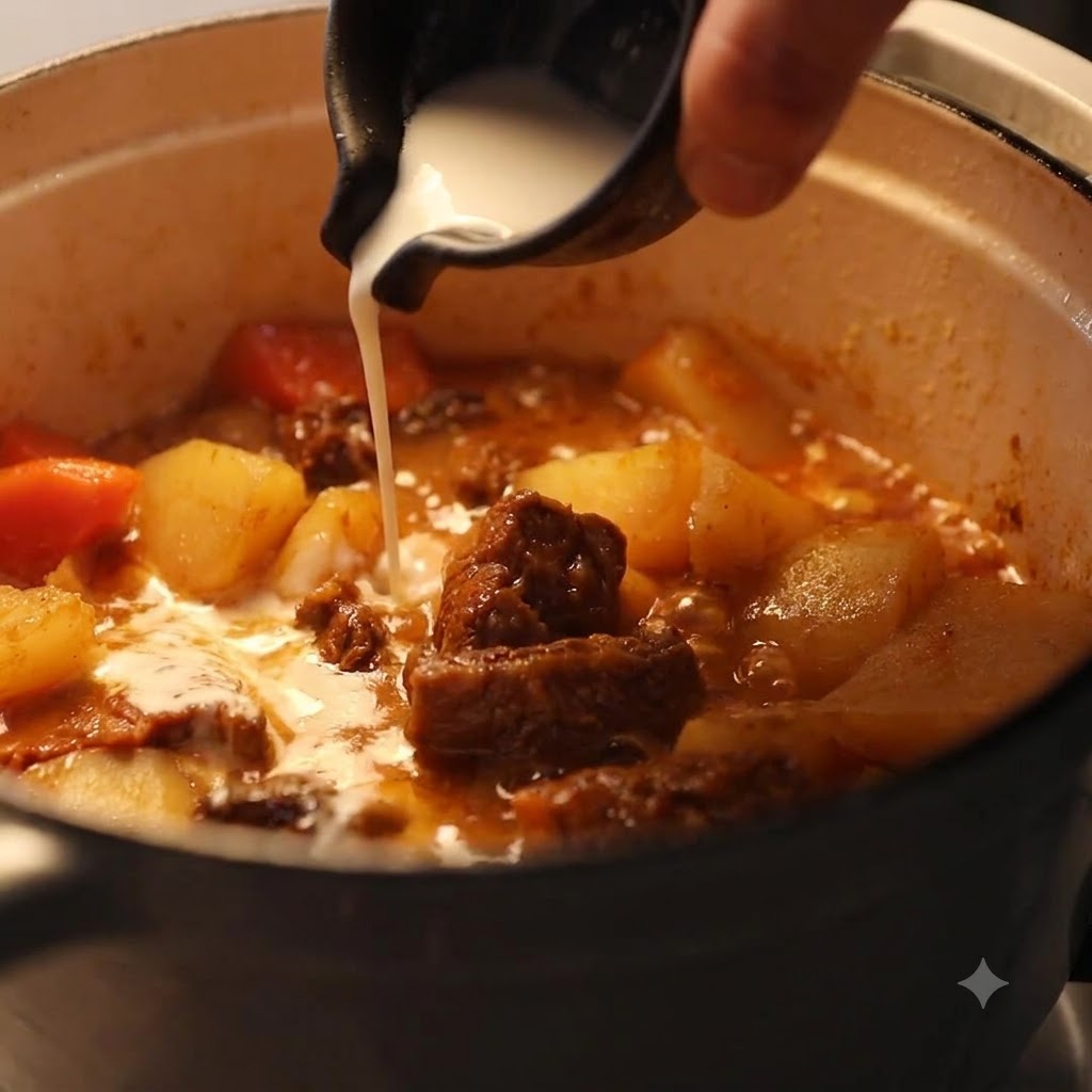 White coconut cream being poured from a small dark pitcher into a pot of bubbling curry.