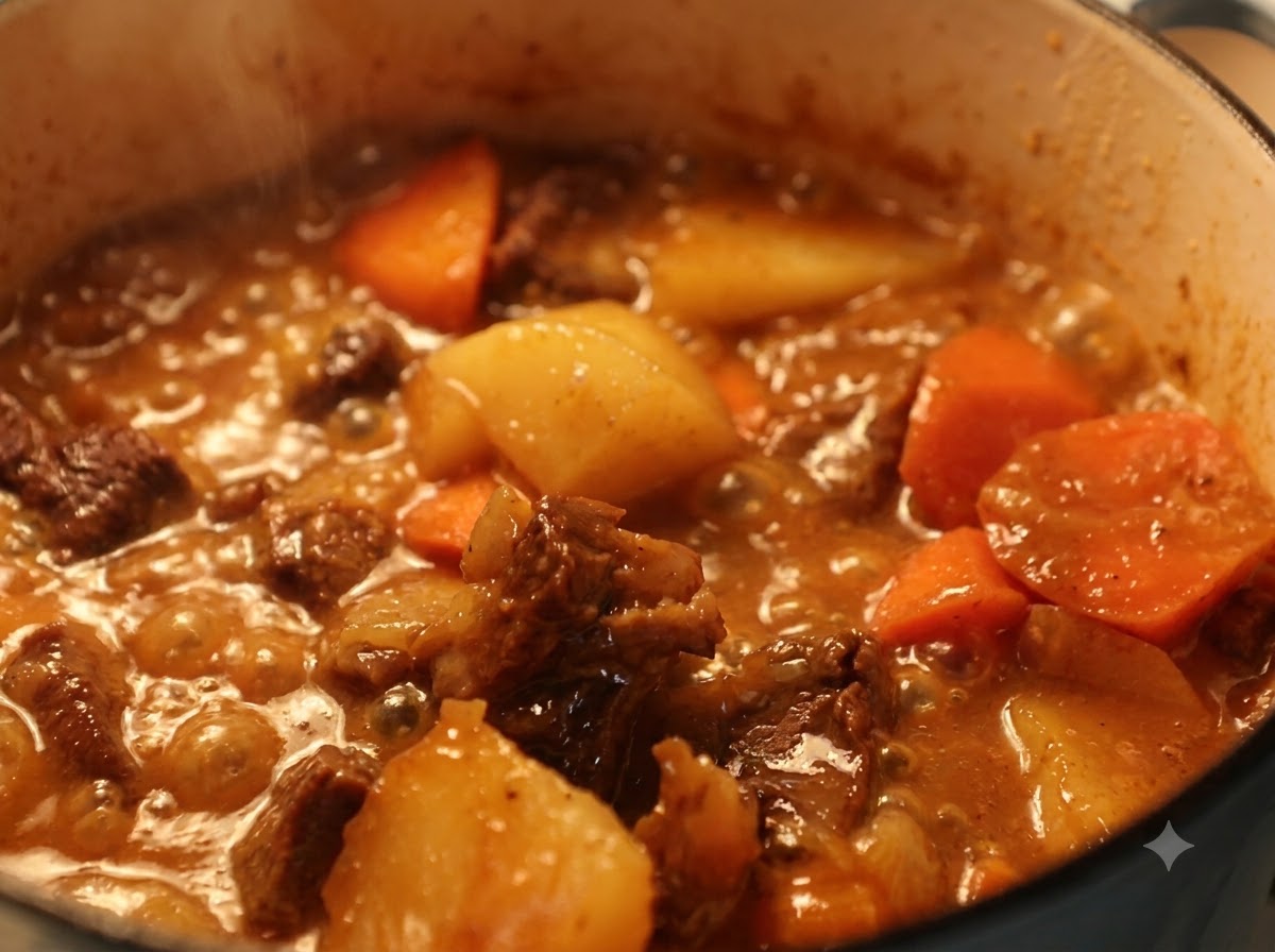 A bubbling pot of thick beef and vegetable curry being simmered on the stove.