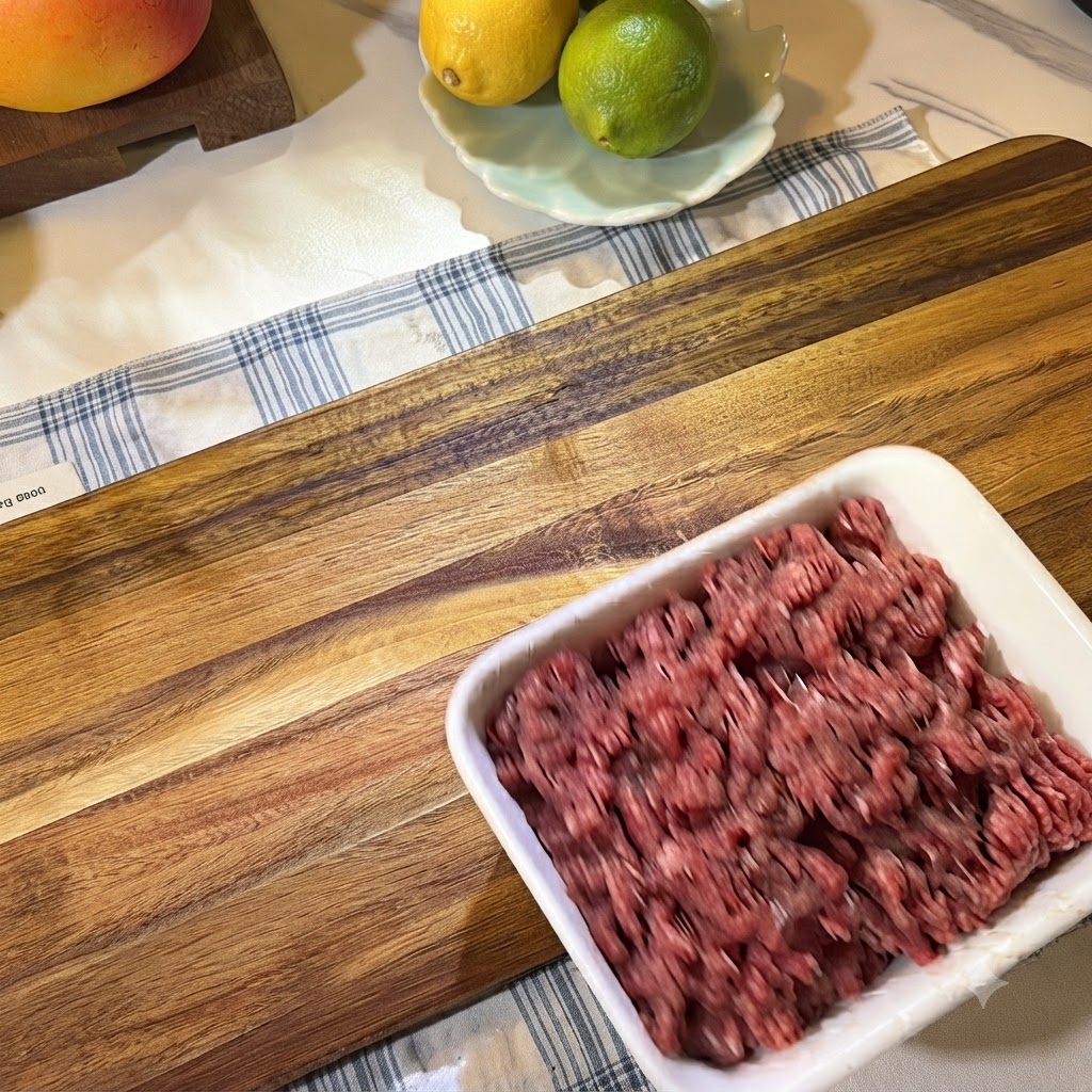 Fresh raw ground beef packed inside a white container sitting on a wooden cutting board next to lemons.