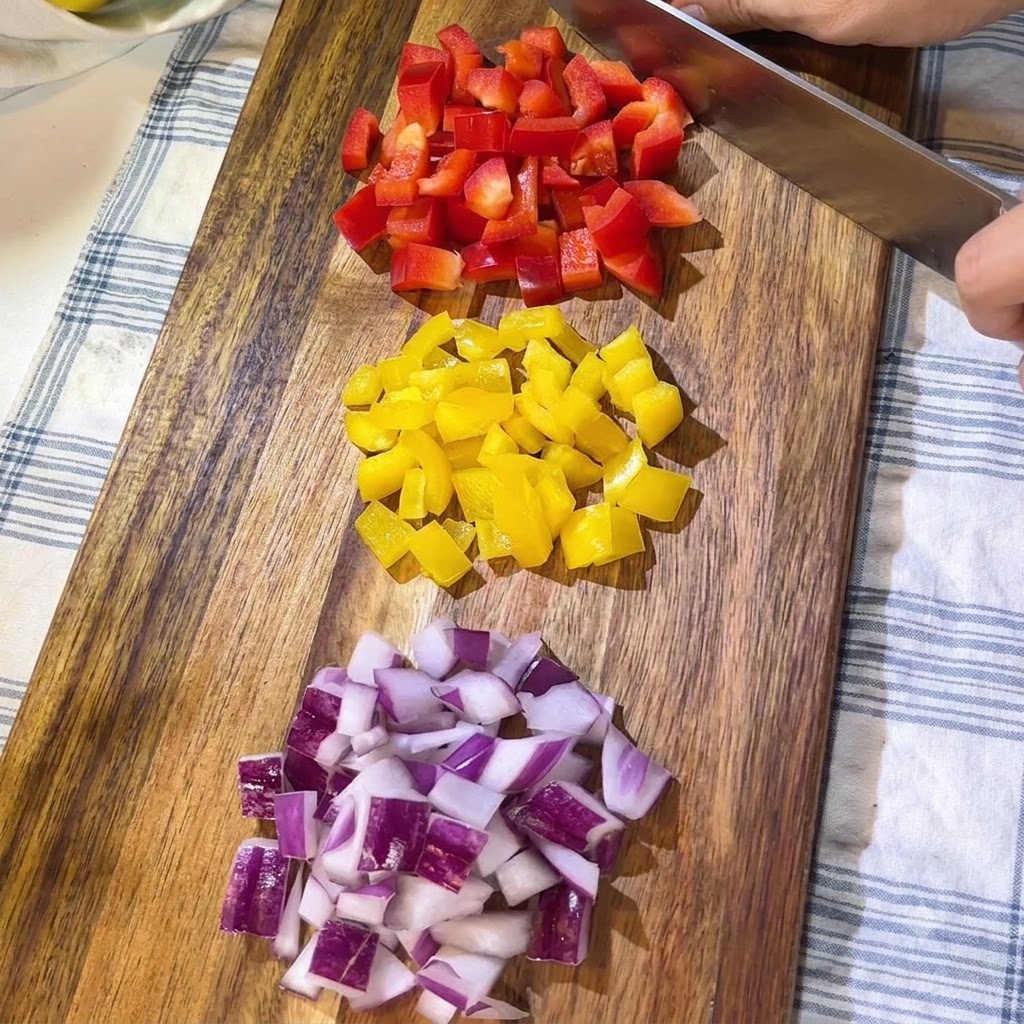 Diced red onions and ginger pieces sizzling in a hot frying pan.