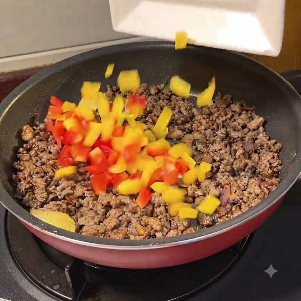 Diced red and yellow bell peppers being poured from a white plate into a pan with cooked ground beef.